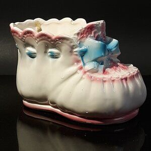 Vintage Lefton Blue Bow Baby Bootie Planter Shower Birth Christening